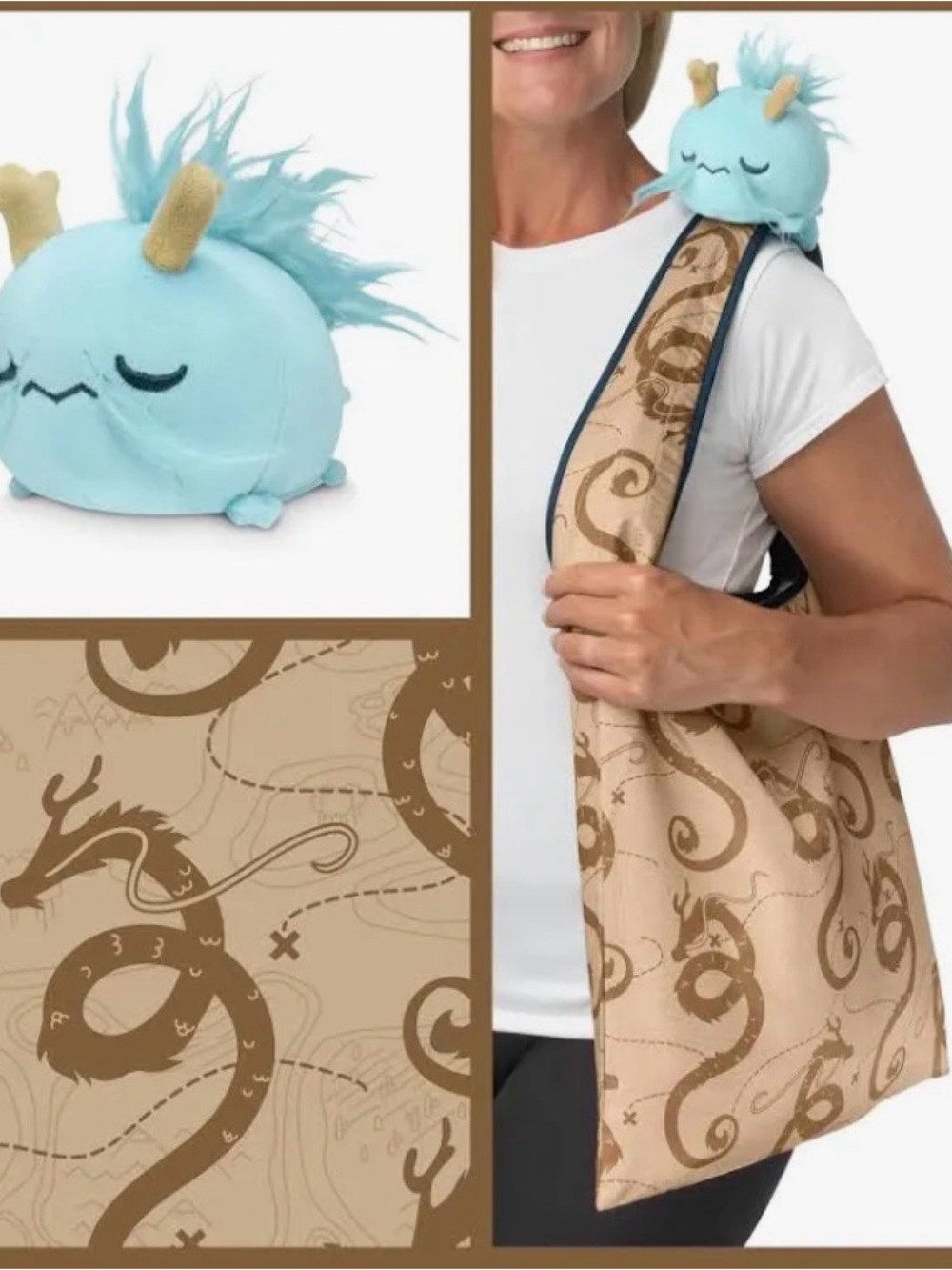 TeeTurtle Plushie Tote Bag (Brown Dragon Map + Light Blue Dragon)